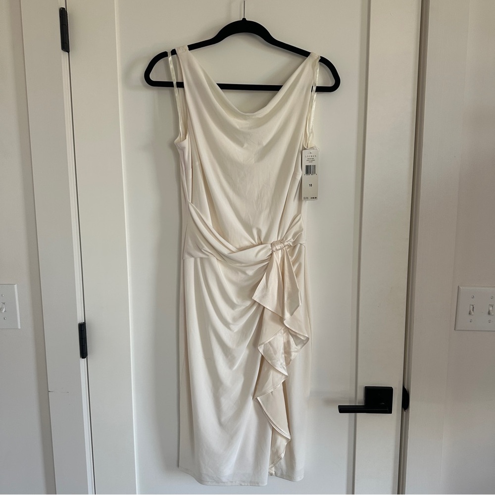 Lauren Ralph Lauren Cream Cowl-Neck Midi Dress with Side Ruffle Detail